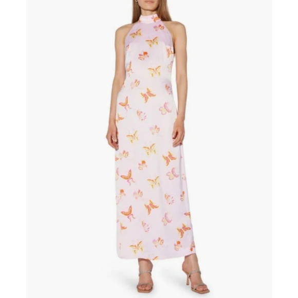 SOMETHINGNEW Elegant Pink Floral Halter BUTTERFLY PRINT Maxi Dress SOMETHINGNEW Elegant Pink Floral Halter BUTTERFLY PRINT Maxi Dress